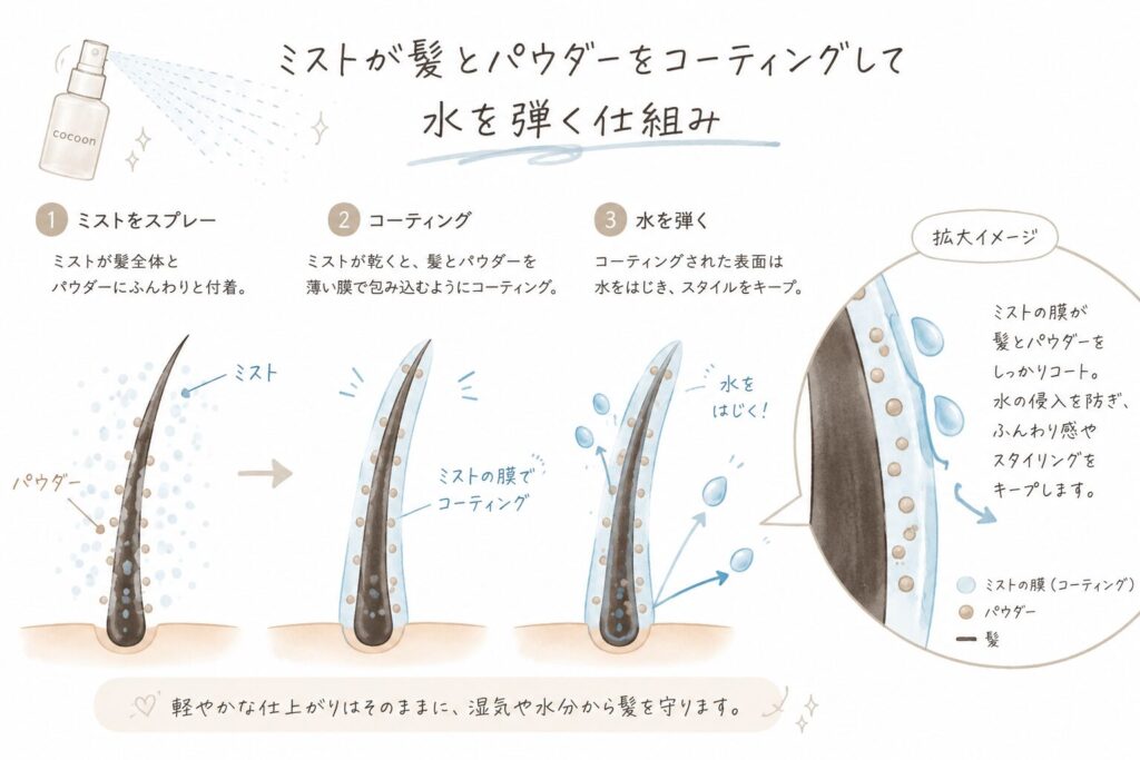 ミリオンヘアーミストが髪と増毛パウダーを包み込み、水や湿気を弾く仕組みをわかりやすく解説した図解