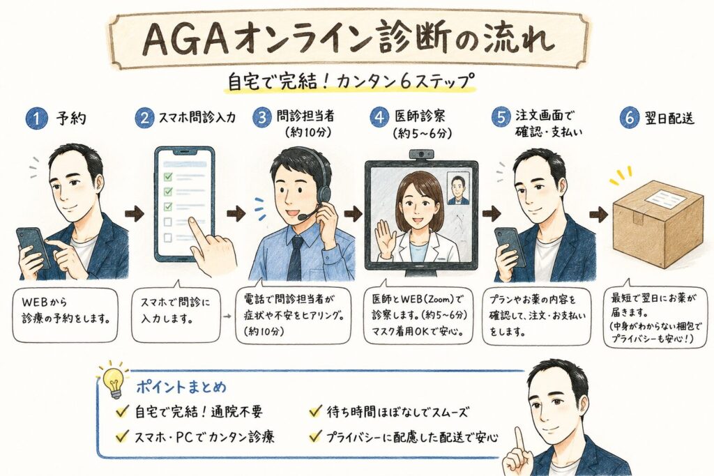 AGAオンライン診療の流れを手書き風イラストで解説。予約、スマホ問診、電話ヒアリング、女性医師とのZoom診察、注文・支払い、翌日配送までの6ステップを紹介。
